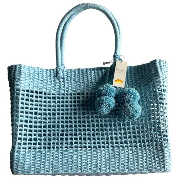 NEW C&C California Pom-Pom Structured Woven Tote Beach Bag Purse Light Blue - Picture 1 of 6
